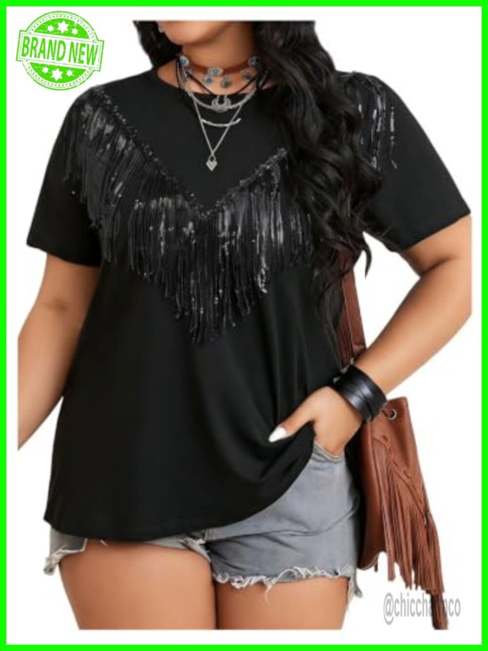 SHENHE Plus Size Western Sequin Fringe Tee Country Concert Top